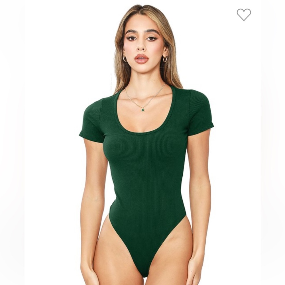 Green Ribbed Scoop Neck Bodysuit